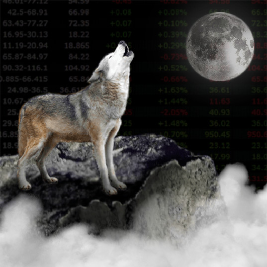 Wolf standing on a cliff howling at the moon